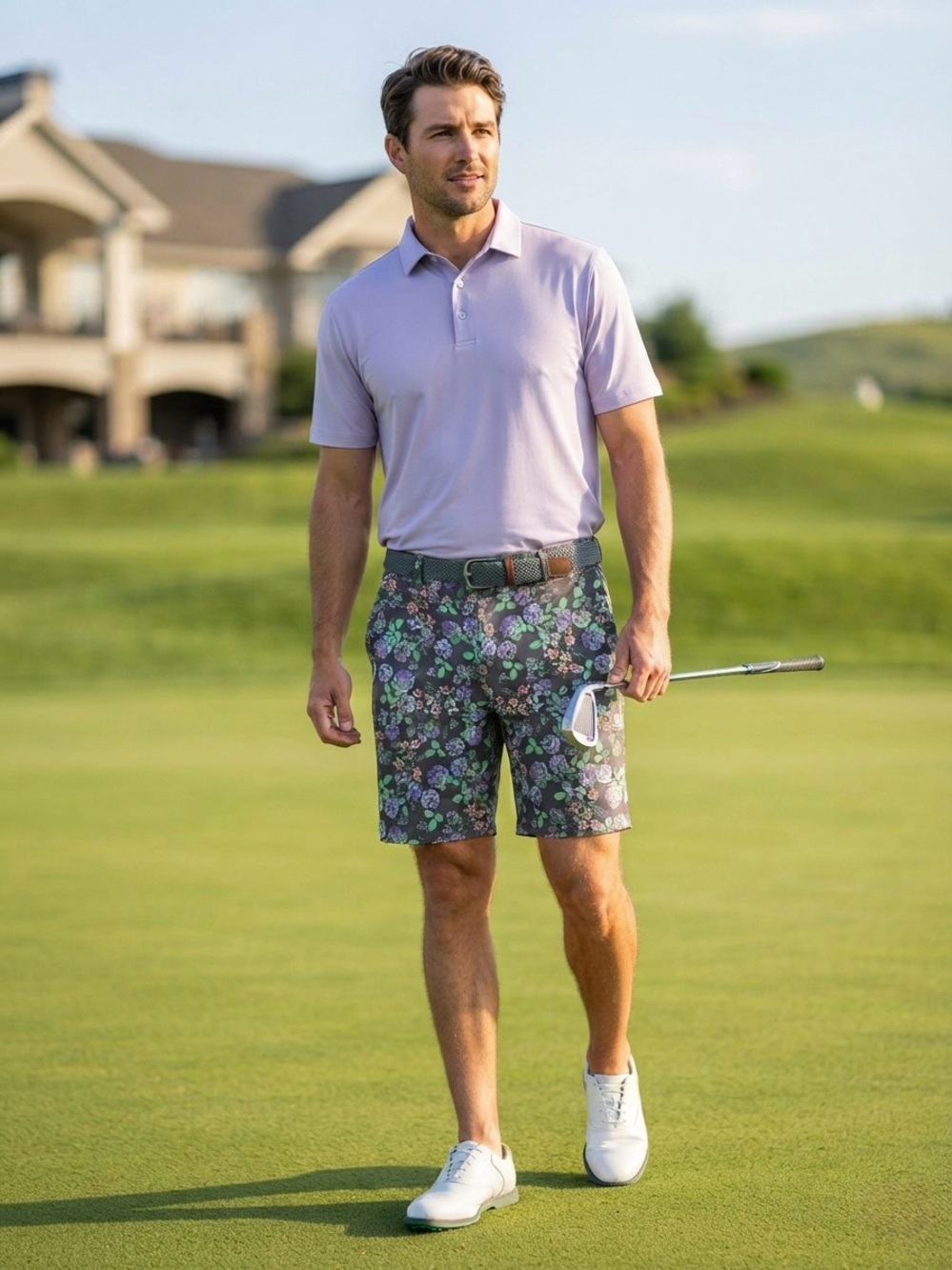 Swannies.co Men's Golf Shorts Size 36 Gray Purple Floral Print Performance